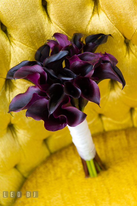 Bride's purple calla lily flower bouquet. St Andrews United Methodist wedding photos at Annapolis, Eastern Shore, Maryland by photographers of Leo Dj Photography.