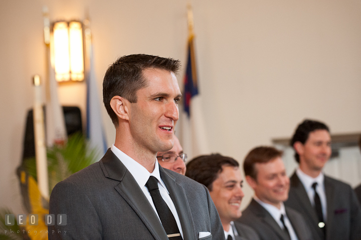 Groom, Best Man, and Groomsmen smiled seeing the Bride the first time. St Andrews United Methodist wedding photos at Annapolis, Eastern Shore, Maryland by photographers of Leo Dj Photography.