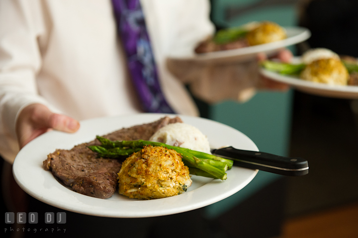 Crabcake, steak, mashed potatoes and asparagus. Yellowfin Restaurant wedding reception photos at Annapolis, Eastern Shore, Maryland by photographers of Leo Dj Photography.