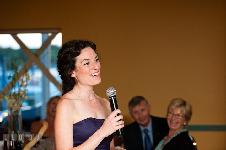 Matron of honor delivering her speech. Yellowfin Restaurant wedding reception photos at Annapolis, Eastern Shore, Maryland by photographers of Leo Dj Photography.
