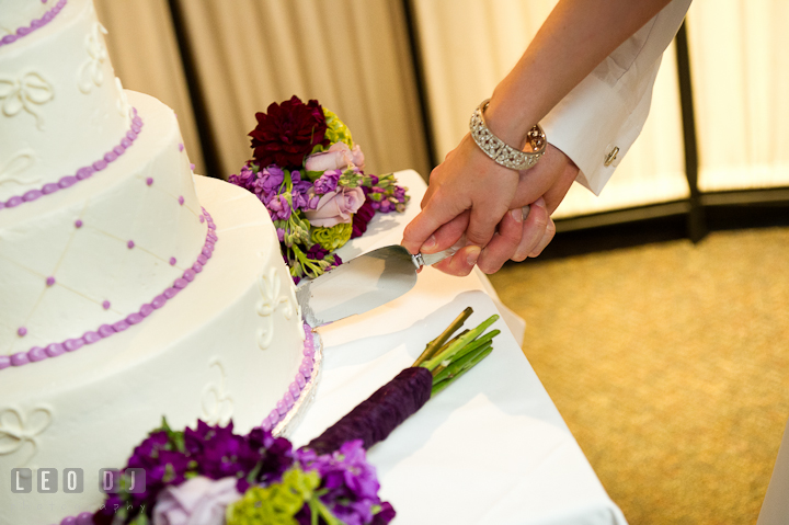 Close up shot of Bride and Groom cutting the cake. Yellowfin Restaurant wedding reception photos at Annapolis, Eastern Shore, Maryland by photographers of Leo Dj Photography.