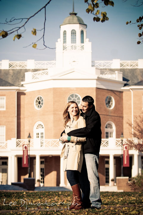 Engaged couple in front of a historic campus building. Chestertown Maryland and Washington College Pre-Wedding Engagement Session Photographer, Leo Dj Photography