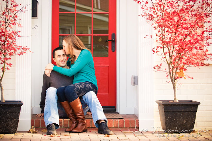 Fiancée on fiancé's lap and kissed him. Chestertown Maryland and Washington College Pre-Wedding Engagement Session Photographer, Leo Dj Photography