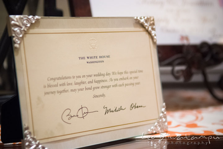 Congratulation certificate from The White House, signed by President Obama and the First Lady. The Tidewater Inn Wedding, Easton Maryland, getting ready photo coverage of Kelsey and Jonnie by wedding photographers of Leo Dj Photography.