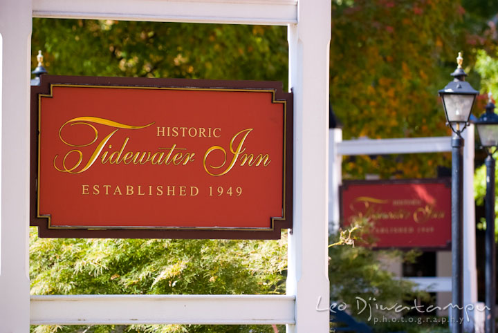 Historic Tidewater Inn signs outside. The Tidewater Inn Wedding, Easton Maryland, getting ready photo coverage of Kelsey and Jonnie by wedding photographers of Leo Dj Photography.