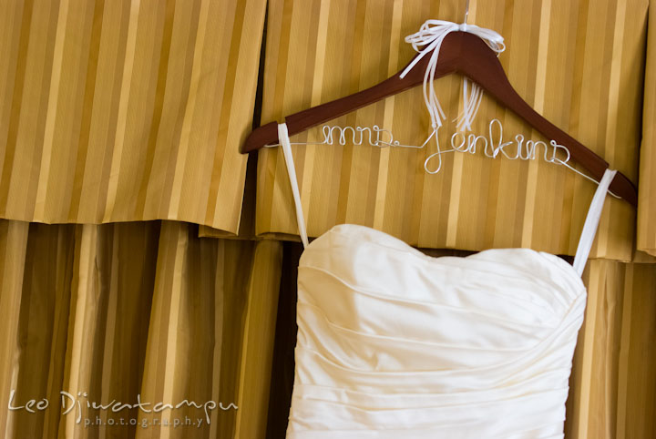 Custom made wedding dress hanger with last name. The Tidewater Inn Wedding, Easton Maryland, getting ready photo coverage of Kelsey and Jonnie by wedding photographers of Leo Dj Photography.