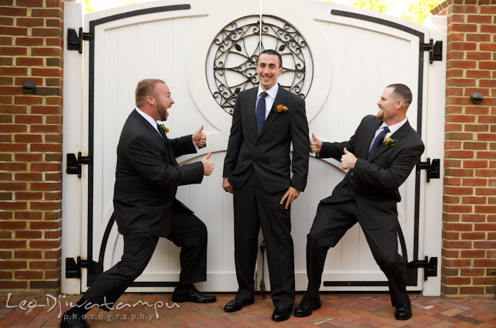 Groom posing with best men. The Tidewater Inn Wedding, Easton Maryland, getting ready photo coverage of Kelsey and Jonnie by wedding photographers of Leo Dj Photography.