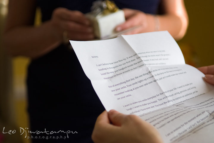 Bride reading letter from groom. The Tidewater Inn Wedding, Easton Maryland, getting ready photo coverage of Kelsey and Jonnie by wedding photographers of Leo Dj Photography.