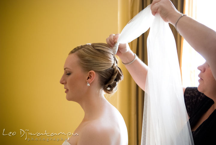 Bride getting help putting on veil. The Tidewater Inn Wedding, Easton Maryland, getting ready photo coverage of Kelsey and Jonnie by wedding photographers of Leo Dj Photography.