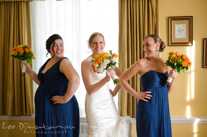 Bride and matrons of honor posing with their flower bouquets. The Tidewater Inn Wedding, Easton Maryland, getting ready photo coverage of Kelsey and Jonnie by wedding photographers of Leo Dj Photography.