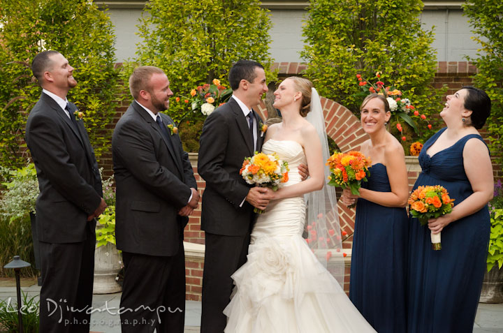 Bride groom and bridal party laughing. The Tidewater Inn Wedding, Easton Maryland, ceremony photo coverage of Kelsey and Jonnie by wedding photographers of Leo Dj Photography.