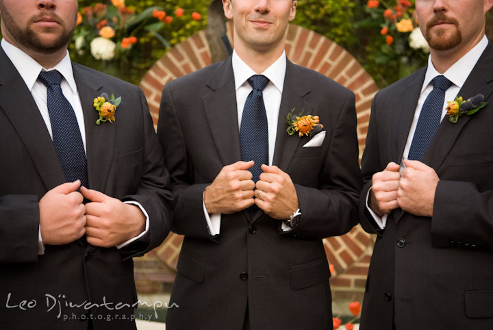 Groom and best men showing jackets, ties, and their boutonniere. The Tidewater Inn Wedding, Easton Maryland, ceremony photo coverage of Kelsey and Jonnie by wedding photographers of Leo Dj Photography.