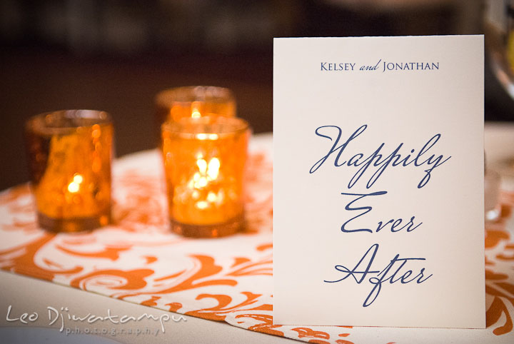 Happily ever after card on table. The Tidewater Inn Wedding, Easton Maryland, reception photo coverage of Kelsey and Jonnie by wedding photographers of Leo Dj Photography.