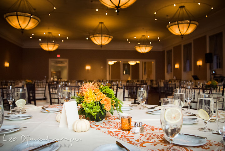 Overall ballroom view of The Gold Room. The Tidewater Inn Wedding, Easton Maryland, reception photo coverage of Kelsey and Jonnie by wedding photographers of Leo Dj Photography.