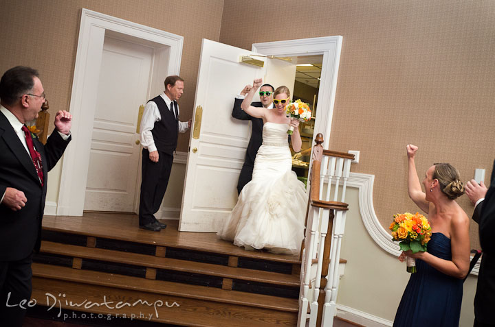 Bride and groom entered the ballroom, The Gold Room. The Tidewater Inn Wedding, Easton Maryland, reception photo coverage of Kelsey and Jonnie by wedding photographers of Leo Dj Photography.
