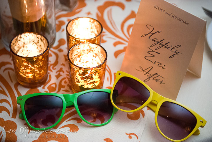 Colorful sunshades and tea candles. The Tidewater Inn Wedding, Easton Maryland, reception photo coverage of Kelsey and Jonnie by wedding photographers of Leo Dj Photography.