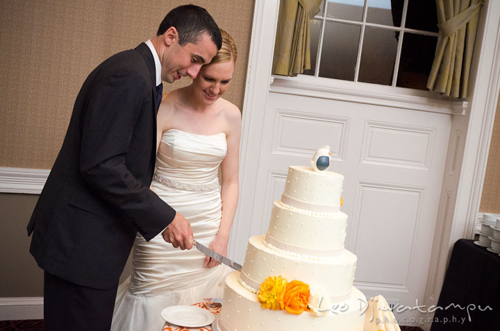 Bride and groom cutting cake. The Tidewater Inn Wedding, Easton Maryland, reception photo coverage of Kelsey and Jonnie by wedding photographers of Leo Dj Photography.