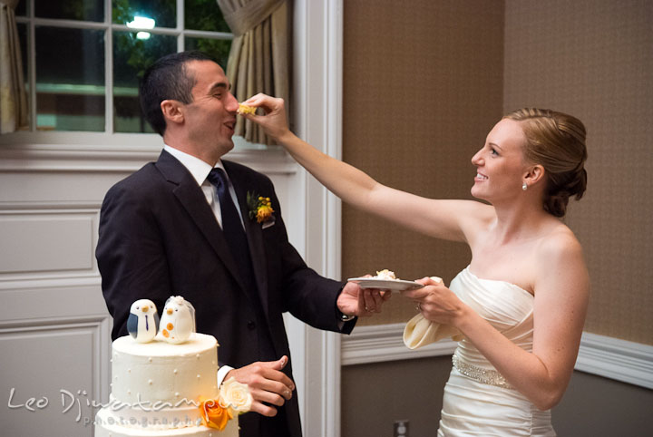 Bride smushed cake to groom's nose. The Tidewater Inn Wedding, Easton Maryland, reception photo coverage of Kelsey and Jonnie by wedding photographers of Leo Dj Photography.