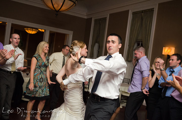 Bride and groom dancing to favorite song. The Tidewater Inn Wedding, Easton Maryland, reception photo coverage of Kelsey and Jonnie by wedding photographers of Leo Dj Photography.