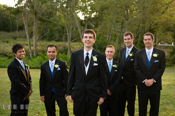 The Groom party, the Groom, Best Men and Groomsmen posing. Riverhouse Pavilion wedding photos at Easton, Eastern Shore, Maryland by photographers of Leo Dj Photography. http://leodjphoto.com