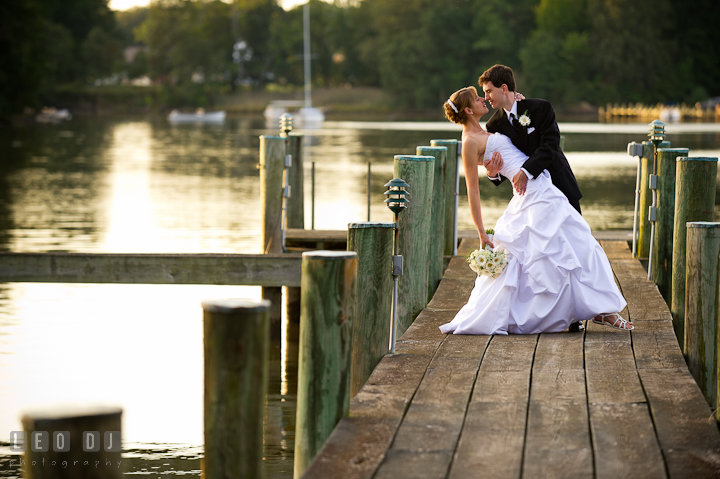 Bride and Groom almost kissed on the pier. Riverhouse Pavilion wedding photos at Easton, Eastern Shore, Maryland by photographers of Leo Dj Photography. http://leodjphoto.com