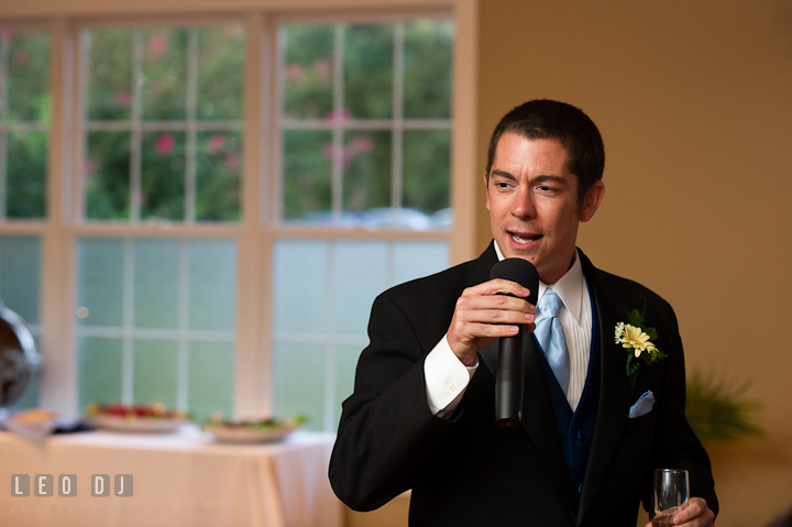 Best Man delivering his speech. Riverhouse Pavilion wedding photos at Easton, Eastern Shore, Maryland by photographers of Leo Dj Photography. http://leodjphoto.com