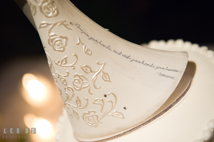 Shakespeare quote on the cake topper. Riverhouse Pavilion wedding photos at Easton, Eastern Shore, Maryland by photographers of Leo Dj Photography. http://leodjphoto.com