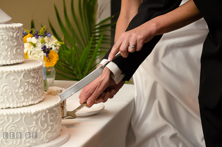 Bride and Groom cutting the wedding cake. Riverhouse Pavilion wedding photos at Easton, Eastern Shore, Maryland by photographers of Leo Dj Photography. http://leodjphoto.com