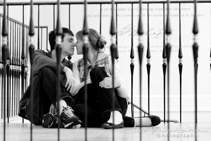 Engaged couple almost kissed. Pre-wedding engagement photo session at Washington College and Chestertown, Maryland, by wedding photographer Leo Dj Photography.