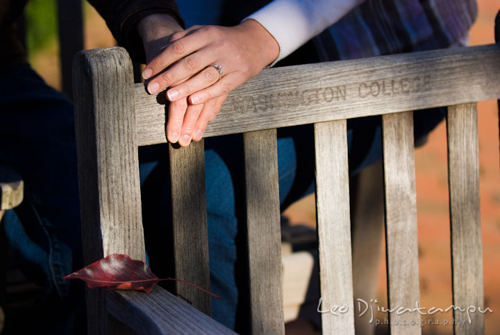 Engagement ring. Pre-wedding engagement photo session at Washington College and Chestertown, Maryland, by wedding photographer Leo Dj Photography.