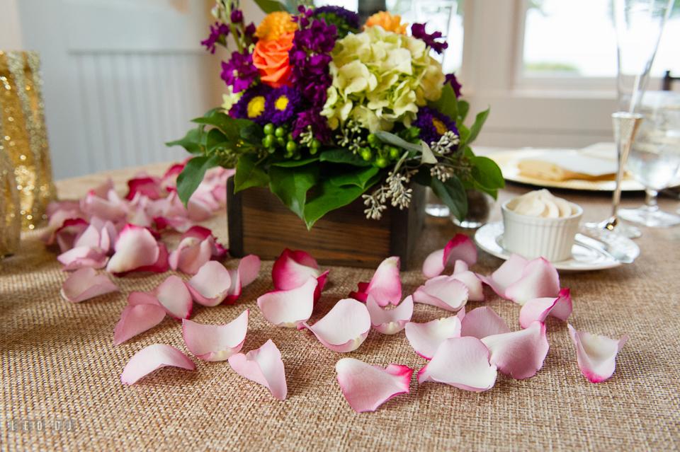 Chesapeake Bay Beach Club table centerpiece by florist Little House of Flowers photo by Leo Dj Photography.