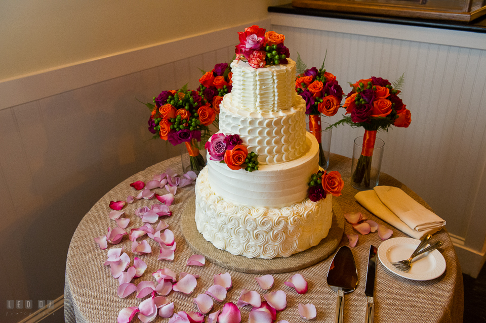 Chesapeake Bay Beach Club four-tiered wedding cake by Sugar Bakers photo by Leo Dj Photography.