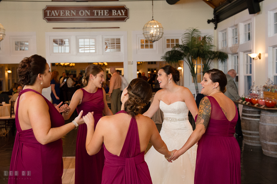 Chesapeake Bay Beach Club Bride dancing and singing with maid of honor and bridesmaid photo by Leo Dj Photography.