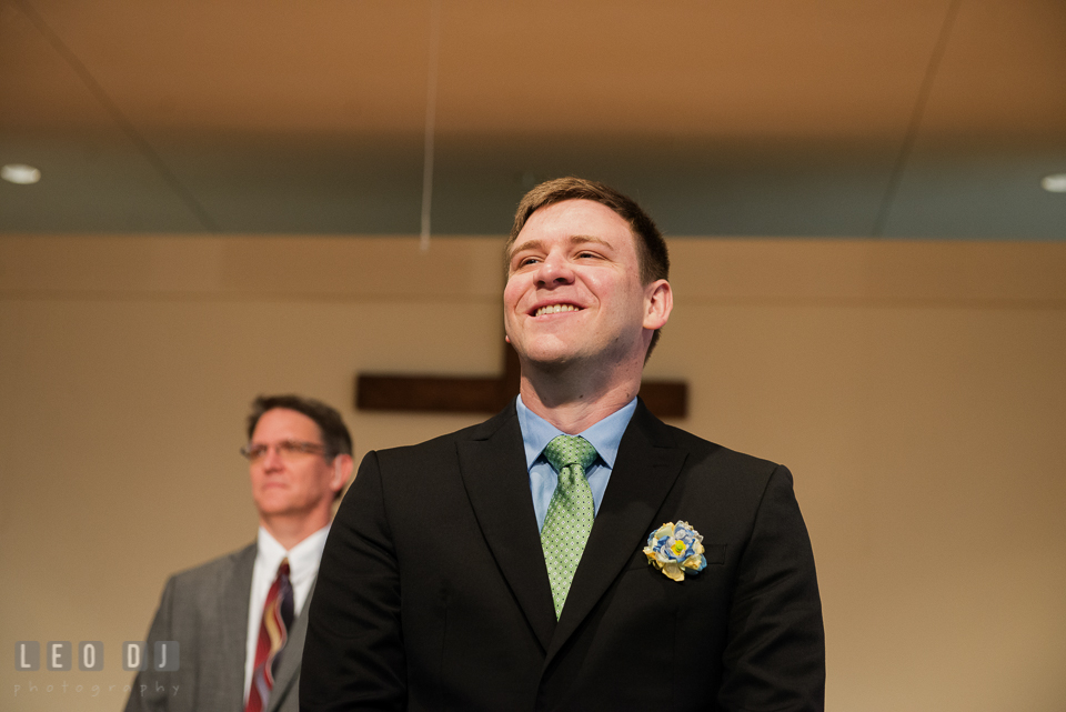 Groom seeing Bride for the first time in her wedding dress. Fisherman's Inn, Safe Harbor Church, Kent Island, Eastern Shore Maryland, wedding reception and ceremony photo, by wedding photographers of Leo Dj Photography. http://leodjphoto.com