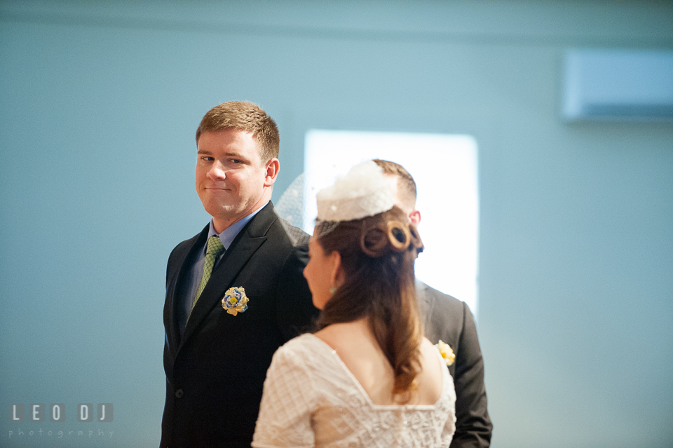 Groom admiring Bride during the ceremony. Fisherman's Inn, Safe Harbor Church, Kent Island, Eastern Shore Maryland, wedding reception and ceremony photo, by wedding photographers of Leo Dj Photography. http://leodjphoto.com