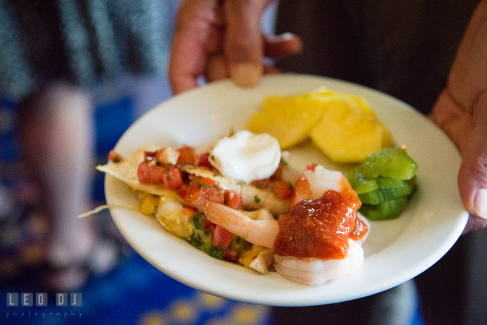 Hors d'oeuvres with shrimps and seafood enchilada. Fisherman's Inn, Safe Harbor Church, Kent Island, Eastern Shore Maryland, wedding reception and ceremony photo, by wedding photographers of Leo Dj Photography. http://leodjphoto.com