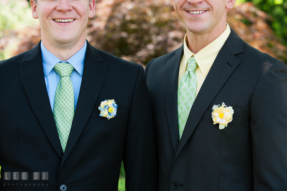 Detail shots of the boutonnieres of Groom and Best Man. Fisherman's Inn, Safe Harbor Church, Kent Island, Eastern Shore Maryland, wedding reception and ceremony photo, by wedding photographers of Leo Dj Photography. http://leodjphoto.com