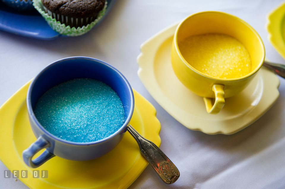 Blue and yellow colored sugar, cups, and saucers. Fisherman's Inn, Safe Harbor Church, Kent Island, Eastern Shore Maryland, wedding reception and ceremony photo, by wedding photographers of Leo Dj Photography. http://leodjphoto.com