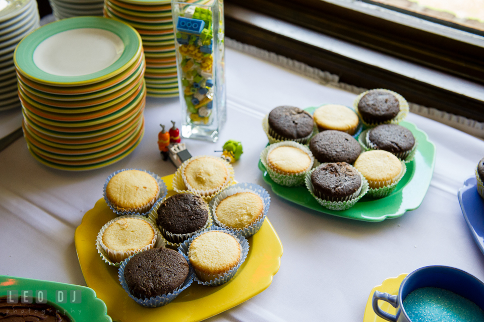 Cupcakes table with LEGO decorations. Fisherman's Inn, Safe Harbor Church, Kent Island, Eastern Shore Maryland, wedding reception and ceremony photo, by wedding photographers of Leo Dj Photography. http://leodjphoto.com