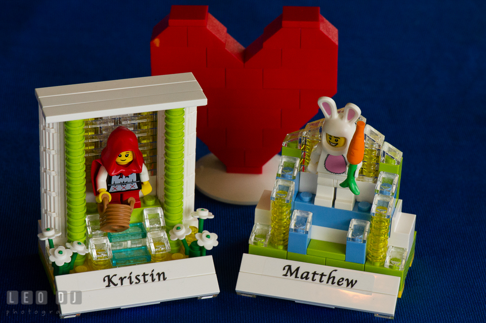 LEGO mini figures display with Bride and Groom's name. Fisherman's Inn, Safe Harbor Church, Kent Island, Eastern Shore Maryland, wedding reception and ceremony photo, by wedding photographers of Leo Dj Photography. http://leodjphoto.com