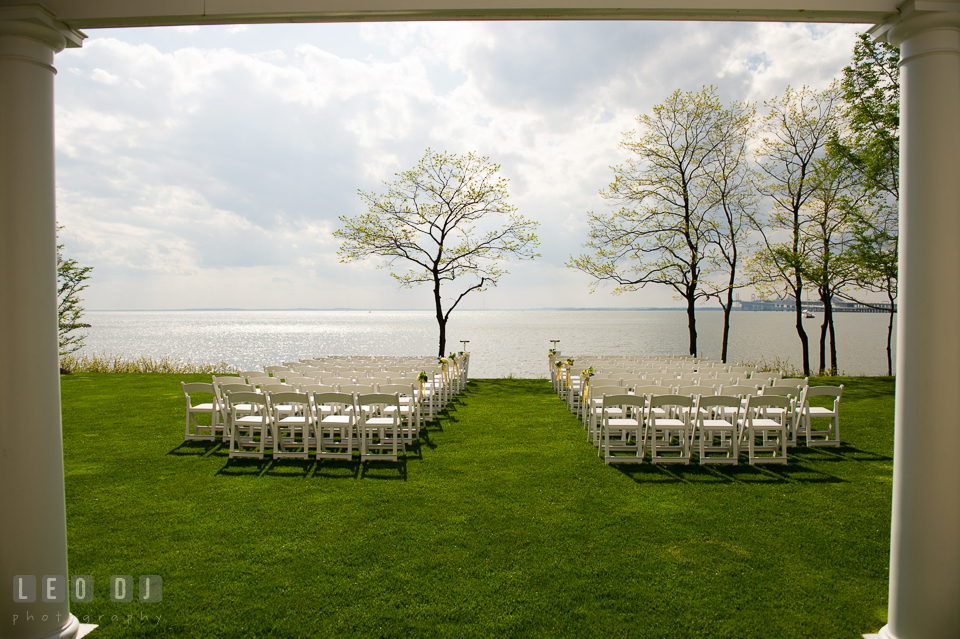 Waterfront outdoor ceremonial site overlooking at the Chesapeake Bay and the Bay Bridge. Kent Island Maryland Chesapeake Bay Beach Club wedding photo, by wedding photographers of Leo Dj Photography. http://leodjphoto.com