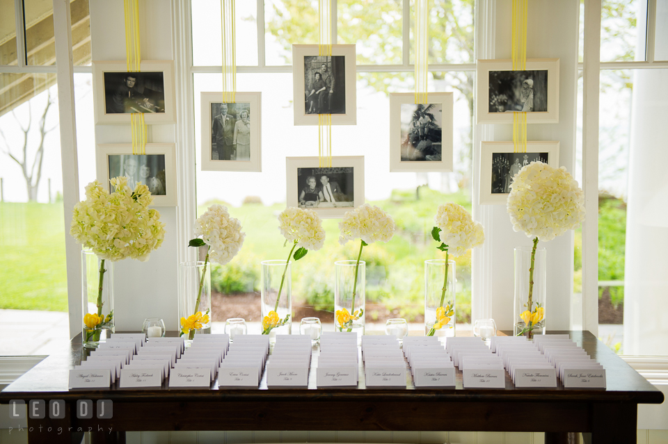 Seating place cards with photos of Bride and Groom parents' and grandparents' weddings. Kent Island Maryland Chesapeake Bay Beach Club wedding photo, by wedding photographers of Leo Dj Photography. http://leodjphoto.com