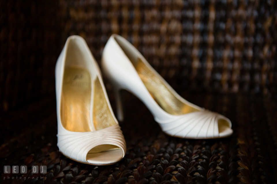 Bride's wedding shoes. Kent Island Maryland Chesapeake Bay Beach Club wedding photo, by wedding photographers of Leo Dj Photography. http://leodjphoto.com