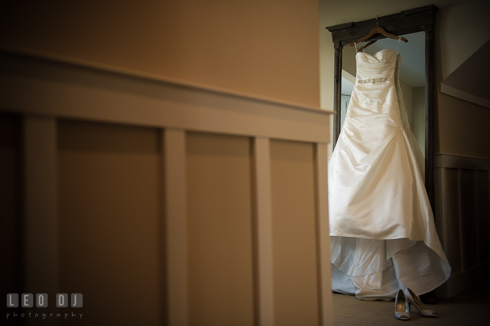 Bride's wedding dress and shoes. Kent Island Maryland Chesapeake Bay Beach Club wedding photo, by wedding photographers of Leo Dj Photography. http://leodjphoto.com