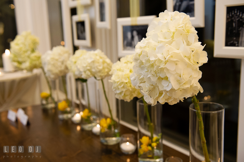 White hydrangeas floral decorations on the place card table by Contessa Flowers florist. Kent Island Maryland Chesapeake Bay Beach Club wedding photo, by wedding photographers of Leo Dj Photography. http://leodjphoto.com