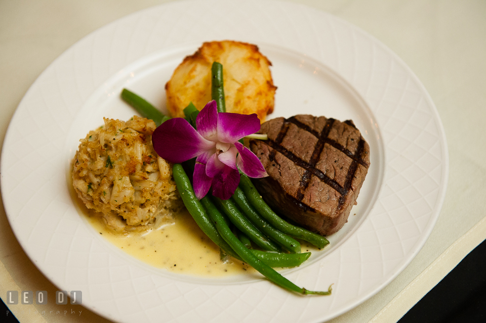 Crab cake and beefsteak menu on the plate. Kent Island Maryland Chesapeake Bay Beach Club wedding photo, by wedding photographers of Leo Dj Photography. http://leodjphoto.com