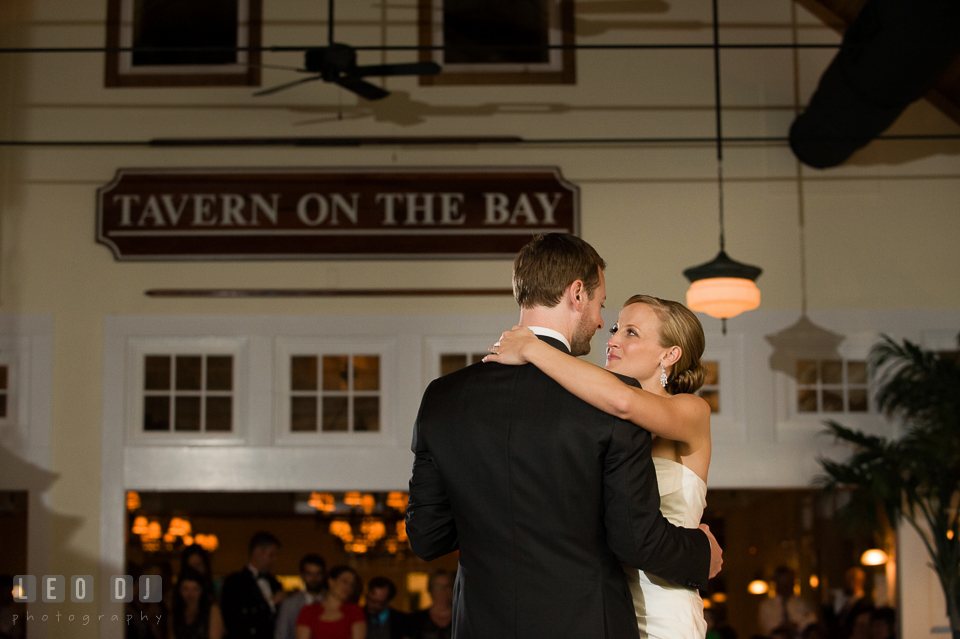 Bride and Groom looking at each other with lots of love during their first dance. Kent Island Maryland Chesapeake Bay Beach Club wedding photo, by wedding photographers of Leo Dj Photography. http://leodjphoto.com