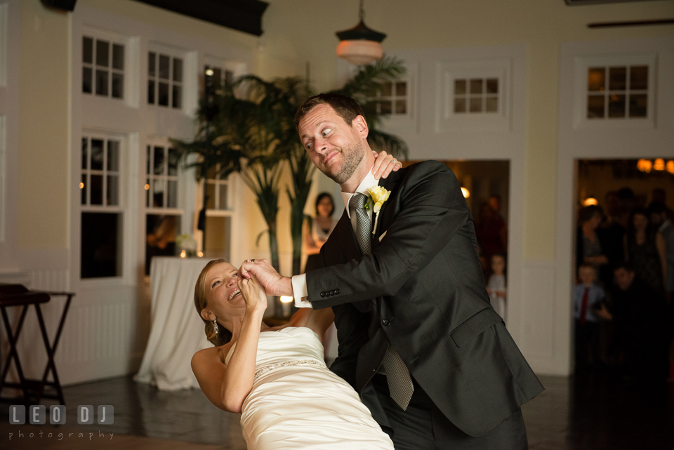 Groom dipped Bride during the first dance. Kent Island Maryland Chesapeake Bay Beach Club wedding photo, by wedding photographers of Leo Dj Photography. http://leodjphoto.com