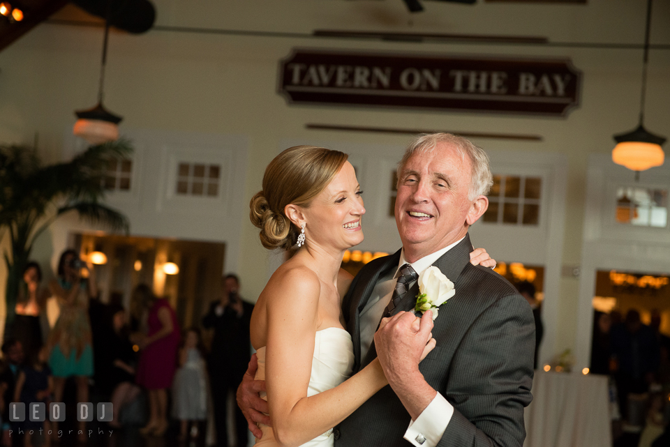 Father of the Bride smiling with his daugther during the Father-daughter dance. Kent Island Maryland Chesapeake Bay Beach Club wedding photo, by wedding photographers of Leo Dj Photography. http://leodjphoto.com