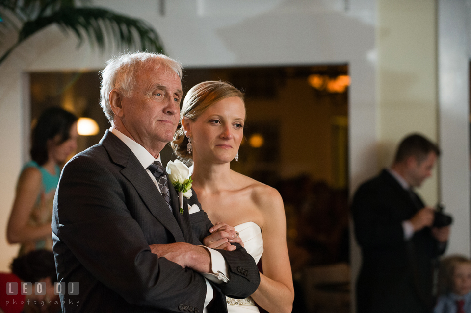 Father of the Bride and daughter looking at the Groom and his Mother dancing. Kent Island Maryland Chesapeake Bay Beach Club wedding photo, by wedding photographers of Leo Dj Photography. http://leodjphoto.com